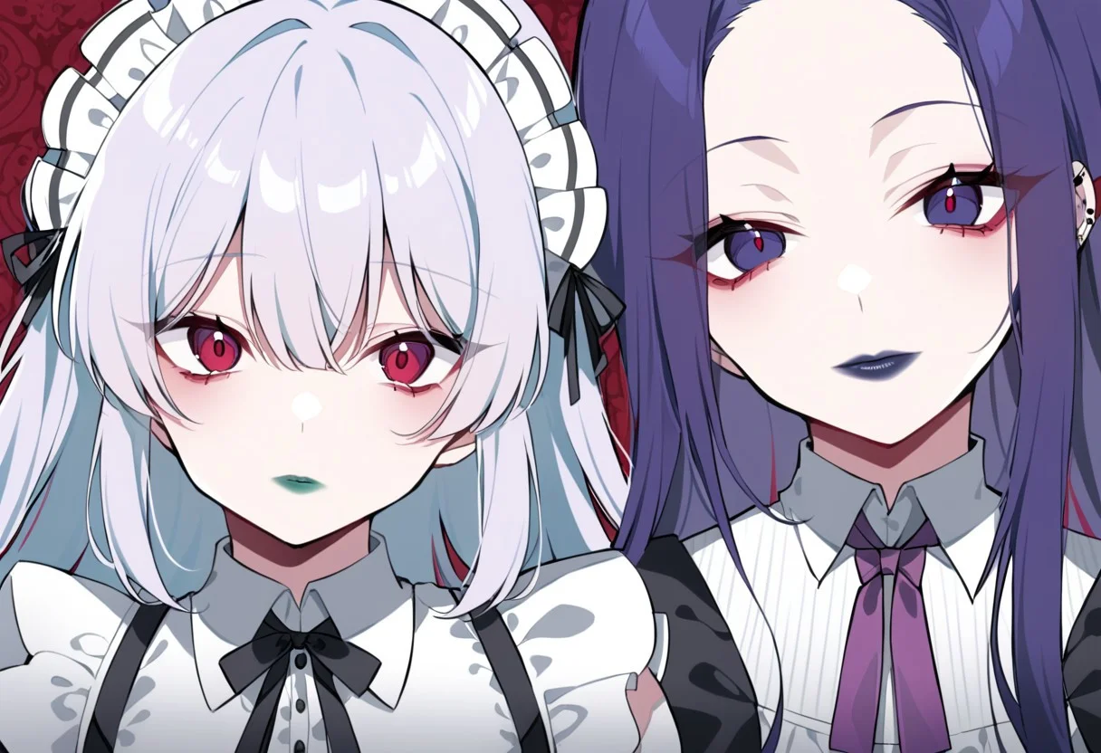 anime, two girls, adult, close up, lipstick, red lipstick, yellow lipstick, green lipstick, blue lipstick, purple lipstick, pink lipstick, black lipstick, long hair, maid outfit