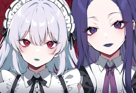 anime, two girls, adult, close up, lipstick, red lipstick, yellow lipstick, green lipstick, blue lipstick, purple lipstick, pink lipstick, black lipstick, long hair, maid outfit