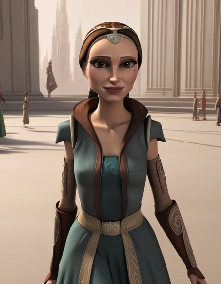score_9, score_8_up, score_7_up, source_anime,
<lora:clonewars-padme-amidala-s3-ponyxl-lora-nochekaiser:1>, padme amidala, brown hair, brown eyes, realistic, mole, mole under eye, long hair, lips, 3d,
dress, tiara, wavy air, green dress, collarbone, breast, skirt, long skirt, green skirt,
outdoors, smile,
looking at viewer, cowboy shot, dutch angle, solo,