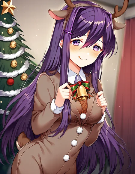 score_9, score_8_up, score_7_up, source_anime, <lora:ddlc-yuri-ingame-ponyxl-lora-nochekaiser:1>, yuri, yuri (doki doki literature club), hair ornament, hairclip, long hair, purple eyes, purple hair, hair intakes, hair between eyes, sidelocks, medium breasts,, <lora:reindeer-costume-ponyxl-lora-nochekaiser:1>, reindeer costume, animal costume, reindeer antlers, antlers, fake antlers, reindeer hood, christmas, red nose, deer ears, deer tail, christmas tree, bell, horns, reindeer,, blush, smile, tongue out, looking at viewer,, , dutch angle, cowboy shot