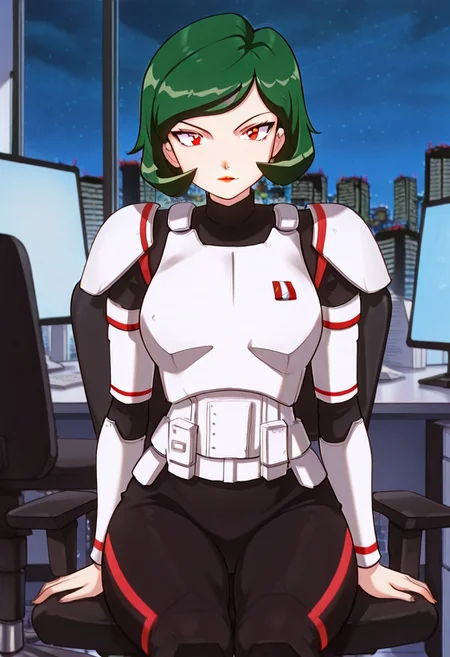 masterpiece, best quality, good quality, <lora:PMWendyIL:0.9>, PMWendy, 1girl, solo, green hair, short hair, red eyes, lipstick,stormtrooper, armor, white armor, black bodysuit, bodysuit under clothes,
looking at viewer, sitting, monitor
BREAK indoors, day, office, swivel chair, window, night sky, cityscape,