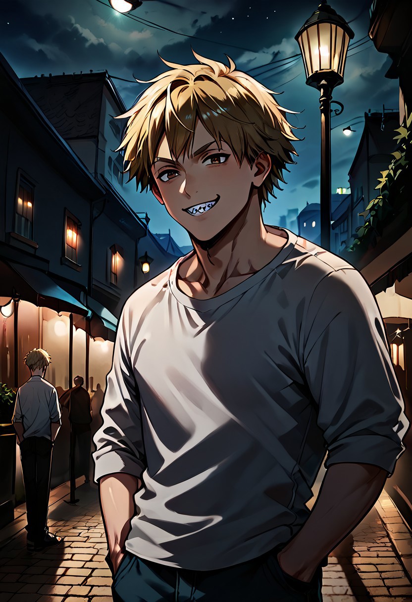 score_9, score_8_up, score_7_up, score_6_up,night, under light,1boy, denji, short hair, blond hair, brown eyes, sharp teeth, hands inside pockets, smirk, city, under street lamp, street lamp, light and shadows by reij-shdwgms,dark theme, low light,