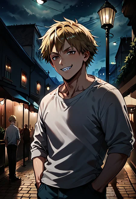 score_9, score_8_up, score_7_up, score_6_up,night, under light,1boy, denji, short hair, blond hair, brown eyes, sharp teeth, hands inside pockets, smirk, city, under street lamp, street lamp, light and shadows by reij-shdwgms,dark theme, low light,