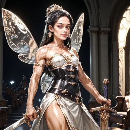 Action scene, detailed, photo realistic, hyper realistic, score_9, rating_safe, solo ((arch fey, violet eyes, (beautiful woman, white underbust corset, skirt, pants, sword belt, and holding a sword), (huge muscles, small petite breasts, muscular thighs, muscular biceps, muscular shoulders, toned abs), ((bronze metallic gold skin ral-polishedsteel)), (fairy wings), (long black hair))), (standing next to a multicolored crystal throne, in a detailed throne room filled with treasures, detailed lighting), hi res, hi quality, 4k, concept art, digital art, realistic, detailed background, lens flare, pixel art, piratical beauty, great lighting