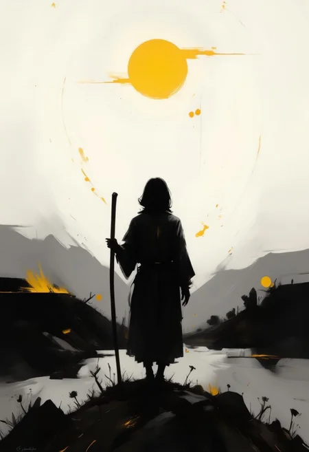 aidmaimageupgrader, monki, hill, back view stave, shadow, silhouette, black and white, monochrome, yellow accents, dramatic lighting, atmospheric, foggy background, japanese culture, minimalist, moody, contrast, sunset glow, isolated figure, reflective pose,pscho_4rt