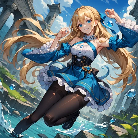score_9, score_7_up, source_anime, solo, smile, hands up, official wallpaper, fantasy temple, ruins, floating object, marble \(stone\), water, blue theme, BREAK <lora:mxmarina-000002:1> mxmarina, french braid, half updo, Hair ribbon, frilled choker, criss-cross halter, sleeveless dress, high-waist skirt, backless dress, blue dress, waist blue bow, detached sleeves, frilled sleeves, wide sleeves, blue sleeves, black pantyhose, patterned legwear, pinstripe pantyhose, mary janes, very long hair, dynamic angle,