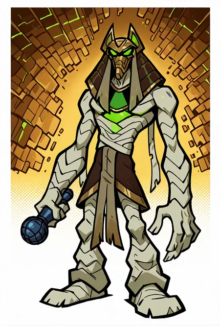 <lora:snareoh-07:1> snareoh, solo, male focus, no humans, 1boy, glowing eyes, green eyes, brown helmet, monster, mask, egyptian clothes,mummy bandages, mummy, massive hands,  Cartoon, dynamic pose <lora:17bucks_Style_Illustrious:1> 17bucks, gradient color, 2d, standing, holding microphone, full body ,, masterpiece, best quality, amazing quality, very aesthetic, absurdres, newest,, upper body, halftone effect, white borders, abstract background:1.2,