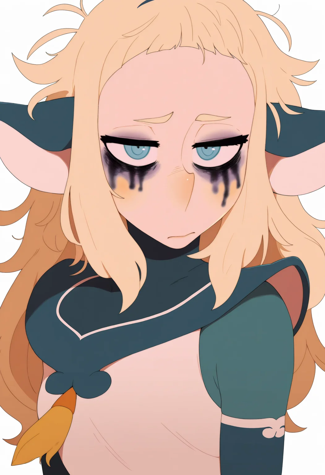 masterpiece, best quality, very aesthetic, absurdres,
1girl, bakarajurgen, blonde hair, long hair, blue eyes, bags under eyes, blush, messy hair, runny makeup,
upper body,
solo, looking at viewer, simple background, white background, <lora:BakaraJurgenNoobXL_byKonan:1>