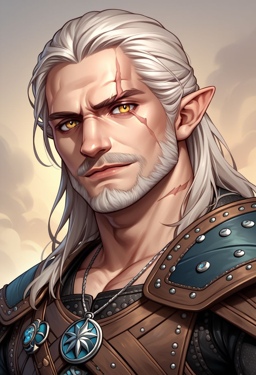 dskgeralt, solo, long hair, looking at viewer, gloves, 1boy, yellow eyes, upper body, white hair, male focus, pointy ears, fingerless gloves, necklace, armor, facial hair, scar, beard, scar on face, mustache, scar across eye,   PonyXLV6_Scores zPDXL