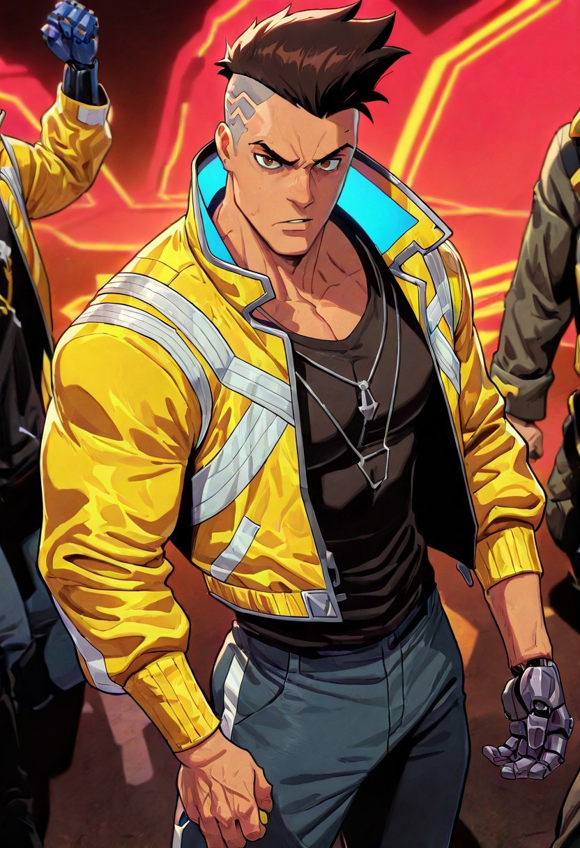 masterpiece, best quality, newest, absurdres, highres, ECM-V1.0, solo, solo focus, 1boy, david martinez \(cyberpunk\), collared jacket, long sleeves, short hair, yellow jacket, undercut, brown eyes, brown hair, mechanical hands, pectorals, v-shaped eyebrows, muscular
