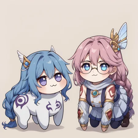 score_9, score_8_up, score_7_up, emmathors, <lora:emma-rebake3:0.9>, blue eyes, long hair, (glasses), pink hair, braided ponytail, <lora:Doro_X_PDXL_V1:1>, doro, creature, :3, chibi, no humans, white skin, four legs, solid circle eyes, no pupils, on all fours, simple background,ADDCOMM, <lora:tialuna-pdxl-nvwls-v1-000006:1.0> tialuna,blue hair, purple eyes, tattoo, circlet, hair ornament