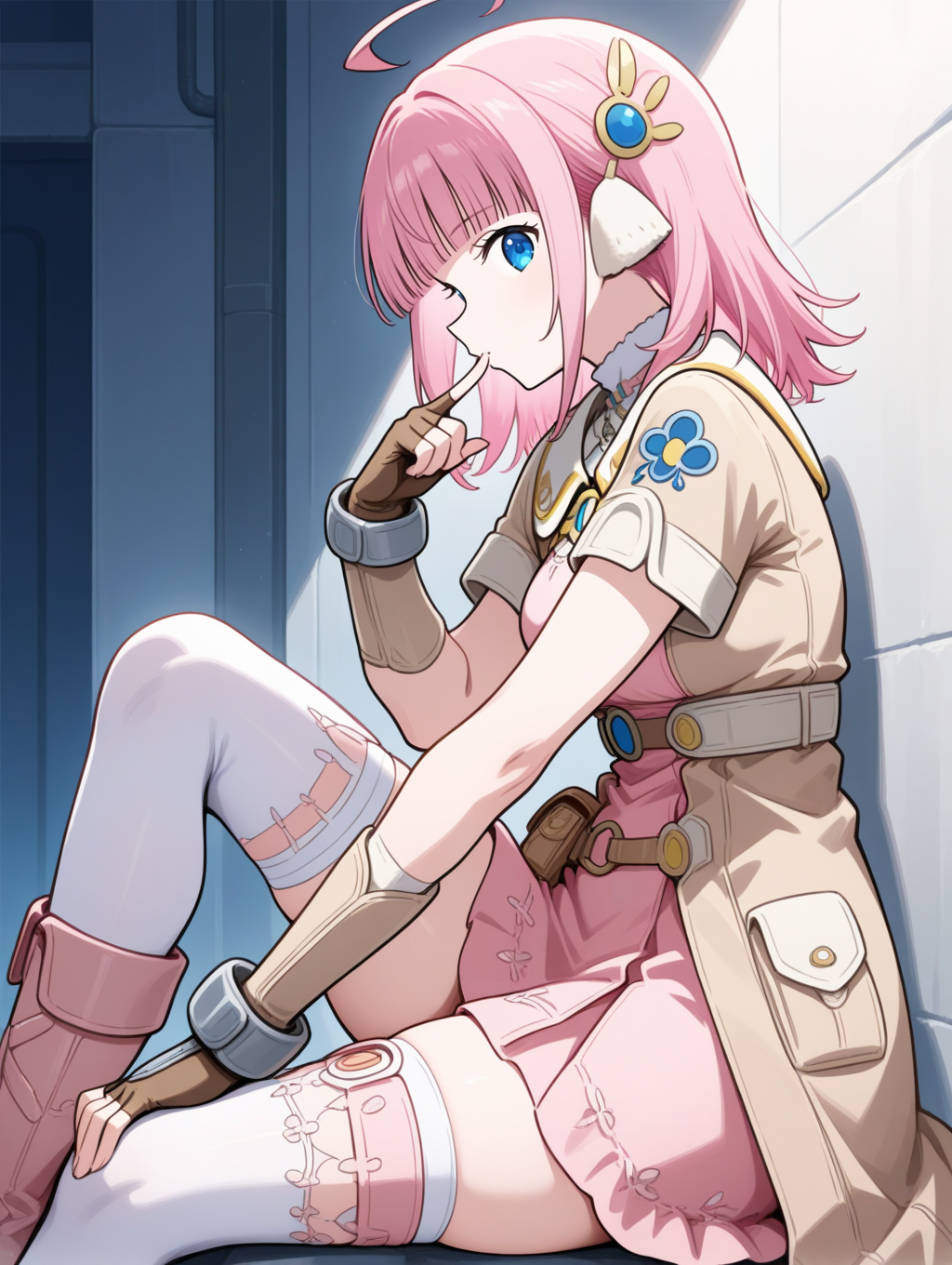 perfect quality,best quality,absolutely eye-catching,ambient occlusion,raytracing BREAK
1girl,<lora:miki IL v1.1_1:0.9>,miki,pink hair,medium hair,blunt bangs,blue eyes,hair ornament,brown coat,short sleeves,pink dress,short dress,bracers,fingerless gloves,brown gloves,white thighhighs,boots,, pov, looking at viewer,profile,leaning_on_object,finger_in_mouth,arm_up,hand_on_own_knee,