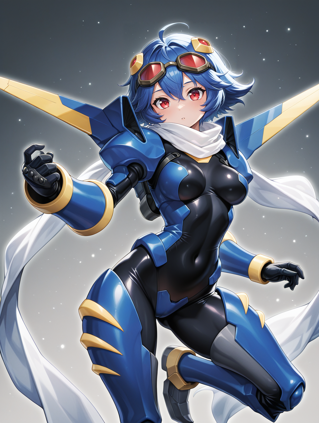 junk warrior,1girl,solo,red eyes,goggles on head,black bodysuit,white scarf,yellow hair ornament,short hair,mecha musume,medium breasts,personification,genderswap \(mtf\),blue armor,blue hair,blue armored gloves,blue armored thigh boots,mechanical wings,brass knuckles, <lora:IllustriousTweakerLora_v1-rev2:0.4>
masterpiece,best quality,amazing quality,very aesthetic,absurdres,newest,<lora:Junk Warrior illuXL v1:0.82>,