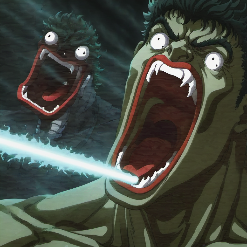 2d,anime,art by makoto shinkai,guts from berserk as a shoopdawoop,red lips,,open mouth,laser,shoopdawoop,<lora:ShoopdawoopXL:0.9>