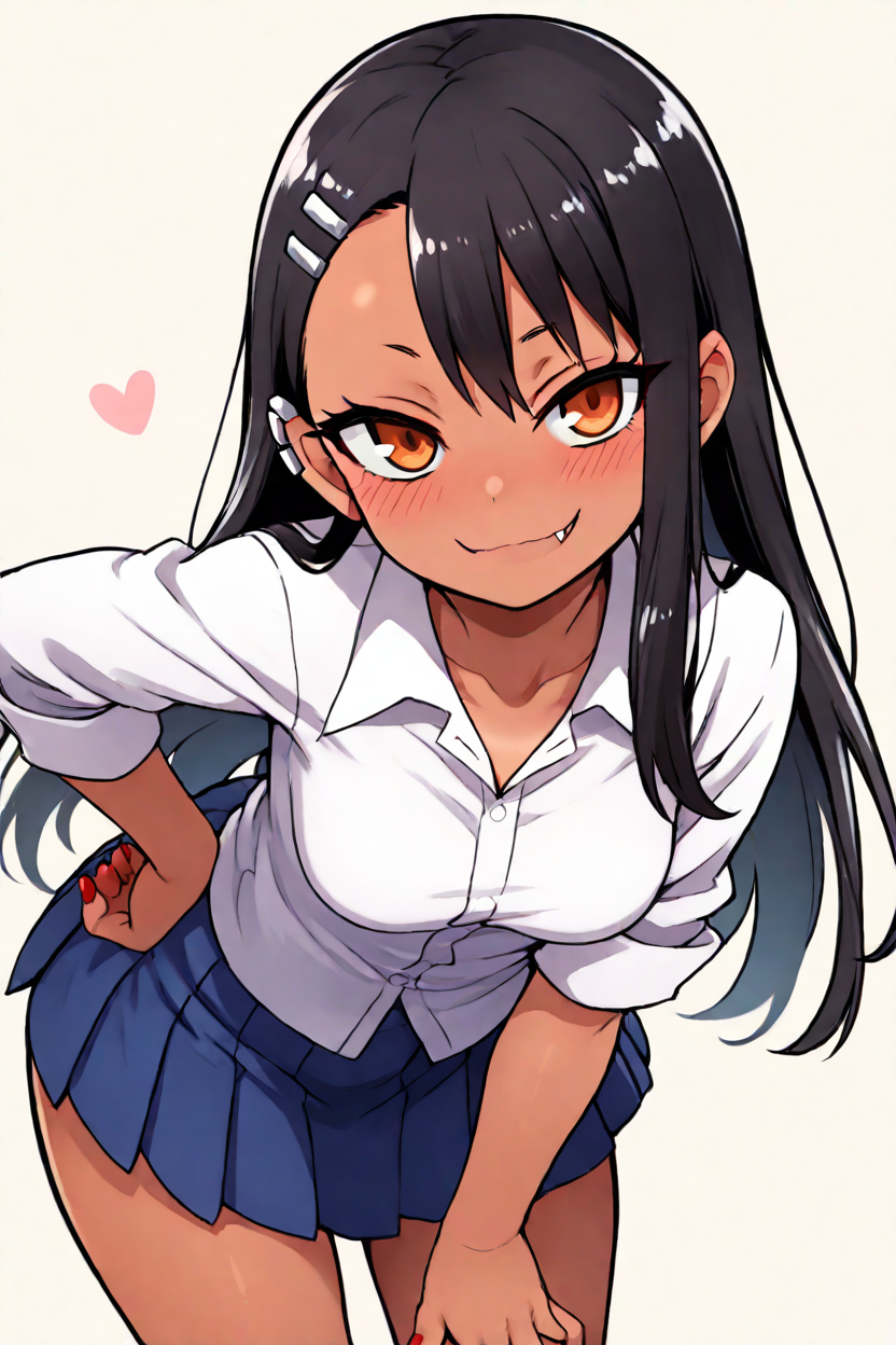 masterpiece, best quality, absurdres, medium breasts, (curvy), cute, eyelashes,      vivid colors,   BREAK,  ,,, , ,,,    nagatoro hayase, long hair, bangs, black hair, hair ornament, brown eyes, hairclip, fang, dark skin, dark-skinned female, tan, skirt, shirt, school uniform, white shirt, pleated skirt, nail polish, blue skirt, red nails, earclip, <lora:NagatoroHayaseIXL:0.7>, ,,,   , ,,,   smile, looking at viewer,   ,,,   smile, looking at viewer, leaning forward, head tilt, blush, <lora:CatalystIXL:0.7>, <lora:ZankuroIXLLight_v2:0.6>,