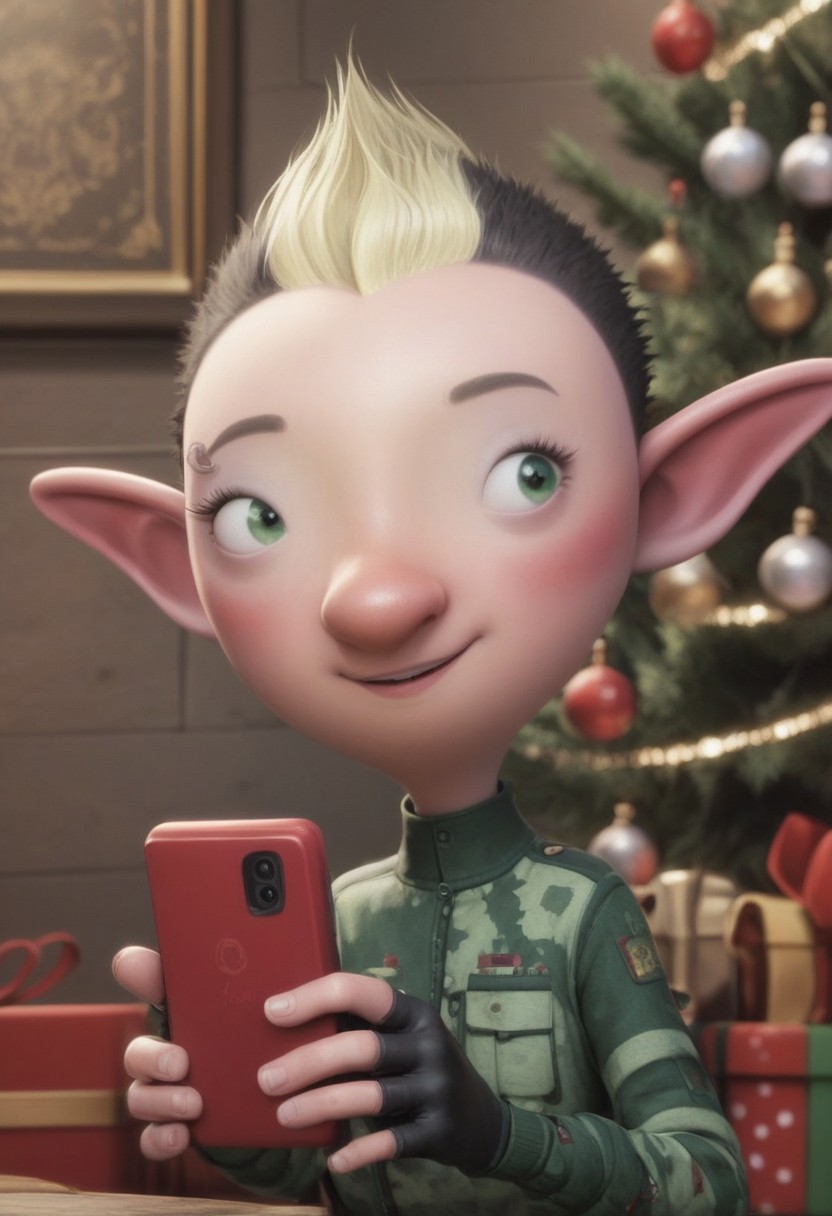 Bryony Shelfley, 1girl, elf, female elf, petite, black short hair, blond mohawk, pointy ears, elf ears, fingerless gloves, miliary uniform, black boots, piercing on right eyebrow, green eyes, small eyes, big nose, blush, score_8_up, score_7_up, BREAK, 1girl, solo, looking at her red phone, looking away, cute, smiling, smug, female focus, looking at viewer, christmas tree on background, detailed background, 4k, masterpiece, best quality, highly detailed, 3d, cowboy shot