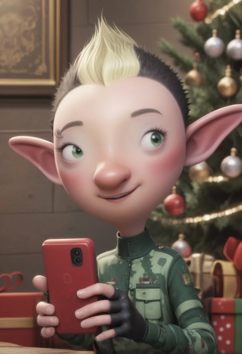 Bryony Shelfley, 1girl, elf, female elf, petite, black short hair, blond mohawk, pointy ears, elf ears, fingerless gloves, miliary uniform, black boots, piercing on right eyebrow, green eyes, small eyes, big nose, blush, score_8_up, score_7_up, BREAK, 1girl, solo, looking at her red phone, looking away, cute, smiling, smug, female focus, looking at viewer, christmas tree on background, detailed background, 4k, masterpiece, best quality, highly detailed, 3d, cowboy shot