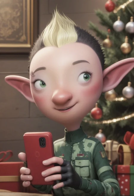 Bryony Shelfley, 1girl, elf, female elf, petite, black short hair, blond mohawk, pointy ears, elf ears, fingerless gloves, miliary uniform, black boots, piercing on right eyebrow, green eyes, small eyes, big nose, blush, score_8_up, score_7_up, BREAK, 1girl, solo, looking at her red phone, looking away, cute, smiling, smug, female focus, looking at viewer, christmas tree on background, detailed background, 4k, masterpiece, best quality, highly detailed, 3d, cowboy shot