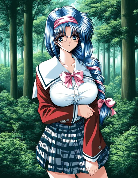 score_9, score_8_up, score_7_up, source_anime, rating_explicit, BREAK  <lora:Nikaidou_Honoka_XL:1> NikaidouHonoka, glasses, blue hair, long hair, large breasts, pink hairband, blue eyes, pink hair ribbon, single braid,
school uniform, checked skirt,  red sleeve, 
looking at viewer, 
cowboyShot,
scenery, tree, sky, nature, outdoors, day, blue sky, forest, sunlight, cloud