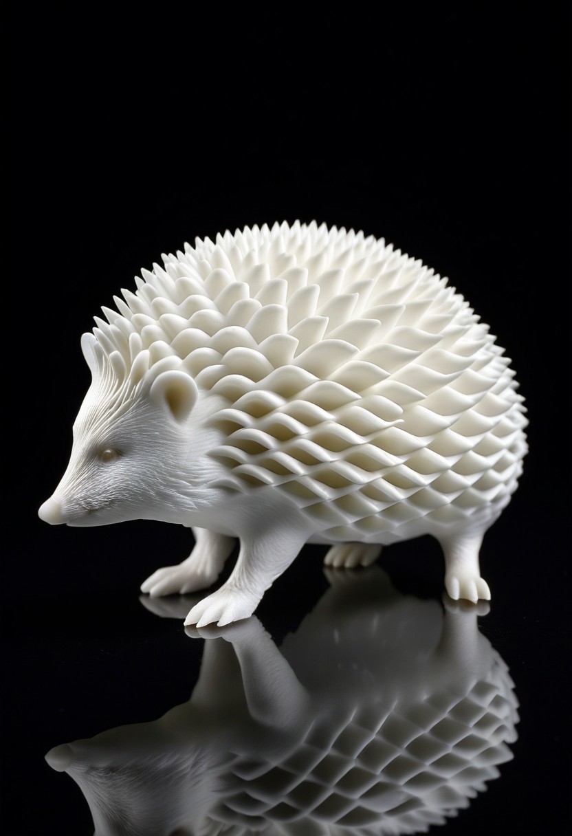 8K analog photo, 3d printed white Hedgehog Statue made of Lattice Structure, WhiteMold, Walking, dark background, minimalist,
