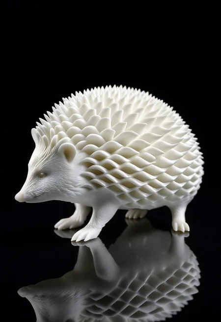 8K analog photo, 3d printed white Hedgehog Statue made of Lattice Structure, WhiteMold, Walking, dark background, minimalist,