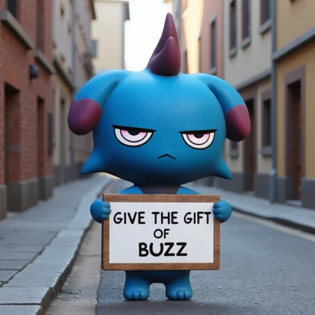 blue Depresso, holding sign, street, text "Give the gift of buzz", sad, cry, cute style