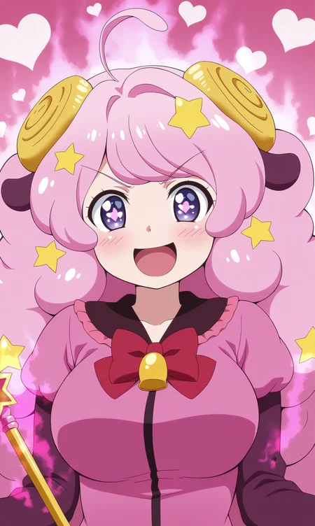 masterpiece, best quality, curvy, beautiful eyes, zzmoa, 1girl, solo, looking at viewer, pink hair, hair ornament, open mouth, star \(symbol\), pink aura, smile, long hair, blue eyes, bow, heart, star hair ornament, animal ears, :d, horns, blush, red bow, v-shaped eyebrows, sheep horns, parody, sheep ears, bowtie, upper body, portrait, purple eyes, ahoge, symbol-shaped pupils, symbol in eye, red bowtie, sailor collar, shirt, wand, pink shirt, magical girl, pink background,