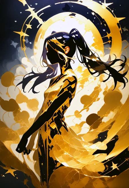 (silhouette_with_gold_foil:1.5), star witch jill stingray, twintails, small golden stars, circular patterns around body, intricate golden dress, gold foil,
score_9, score_8_up, score_7_up, score_6_up, score_5_up,