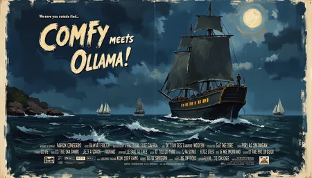 Clip L sketch painting, mvpstrCE style, aidmatextimprover, chrclCE_style,a Movie Poster (Title "Comfy meets Ollama!":1.4) A digital illustration shoot from the side about a dark fantasy ship in a stormy sea at night, with other ships in the background. the image also shows a large ship in the middle of the image, with its sails billowing in the wind. on the ship, there are several people standing, looking out at the moon. the ship appears to be old and weathered, with a rough texture, and is surrounded by smaller boats in the distance. the sky is filled with dark clouds and a full moon, casting a soft glow over the scene. the water is choppy and turbulent, with waves crashing around the ship. 1girl, solo, breasts, looking at another, standing, multiple girls, outdoors, sky, cloud, water, no humans, night, moon, ship, night sky, ocean, moonlight, tall ship camera_angle: from side, art_style: digital illustration, location: ocean, background: dark, rocky shoreline with distant structures, moonlit sky, text: NA, image_composition: middle, clothing: dark ship with glowing windows and multiple masts, distance_to_camera: full body, hair_style;long hair, ear: NA;NA, body: slim;slim, race: light skin;light skin, eye_direction: looking out, pants: NAT5XXLsketch painting, mvpstrCE style, aidmatextimprover, chrclCE_style,a Movie Poster (Title "Comfy meets Ollama!":1.4) A digital illustration shoot from the side about a dark fantasy ship in a stormy sea at night, with other ships in the background. the image also shows a large ship in the middle of the image, with its sails billowing in the wind. on the ship, there are several people standing, looking out at the moon. the ship appears to be old and weathered, with a rough texture, and is surrounded by smaller boats in the distance. the sky is filled with dark clouds and a full moon, casting a soft glow over the scene. the water is choppy and turbulent, with waves crashing around the ship. 1girl, solo, breasts, looking at another, standing, multiple girls, outdoors, sky, cloud, water, no humans, night, moon, ship, night sky, ocean, moonlight, tall ship camera_angle: from side, art_style: digital illustration, location: ocean, background: dark, rocky shoreline with distant structures, moonlit sky, text: NA, image_composition: middle, clothing: dark ship with glowing windows and multiple masts, distance_to_camera: full body, hair_style;long hair, ear: NA;NA, body: slim;slim, race: light skin;light skin, eye_direction: looking out, pants: NA