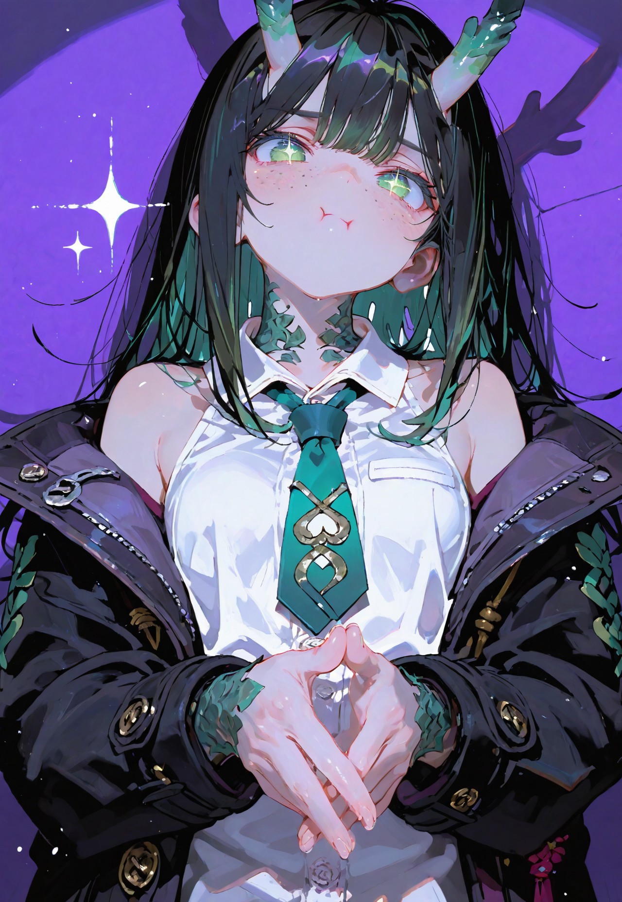 looking at viewer,above torso shot, pout, irritated, crossed hands

1 girl,petite,loose unruly messy hair,messy bangs,black hair,green accents hair,fair skin,dragon horns,green eyes, sparkling eyes,freckles

Large Black coat with green accent,coat hanging sleeves,white sleeveless buttoned shirt,green tie, exposed shoulder

Color background, bright purple background,shadow, light from front,glimmer, scales design, sparkling

Cunnystyle,748cmstyle,Smooth_Quality,dynamic pose, foreshortening, extreme perspective,masterpiece,best quality,amazing quality, aesthetic,bright colors,bold lines