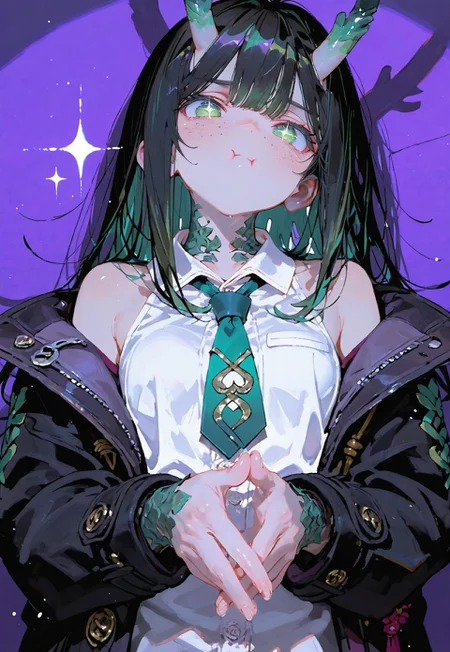 looking at viewer,above torso shot, pout, irritated, crossed hands

1 girl,petite,loose unruly messy hair,messy bangs,black hair,green accents hair,fair skin,dragon horns,green eyes, sparkling eyes,freckles

Large Black coat with green accent,coat hanging sleeves,white sleeveless buttoned shirt,green tie, exposed shoulder

Color background, bright purple background,shadow, light from front,glimmer, scales design, sparkling

Cunnystyle,748cmstyle,Smooth_Quality,dynamic pose, foreshortening, extreme perspective,masterpiece,best quality,amazing quality, aesthetic,bright colors,bold lines