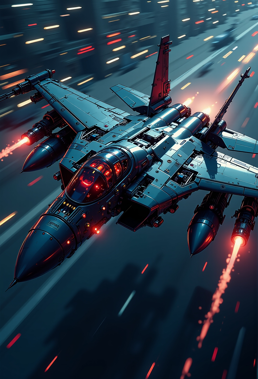 <lora:ck-nc-pastel-cyberpunk:1.0> A digital artwork in the style of cknc, sleek futuristic F18 fighter jet flying through the night, the jet is adorned with intricate, mechanical components, giving it a highly advanced, industrial look, with glowing red diodes and LEDs and a sleek gunmetal paint, travelling at speed causing heavy wake wind turbulences at the jet's wings. heat seaking missiles get shot at the jet. motion blur, dark cinematic mood,
