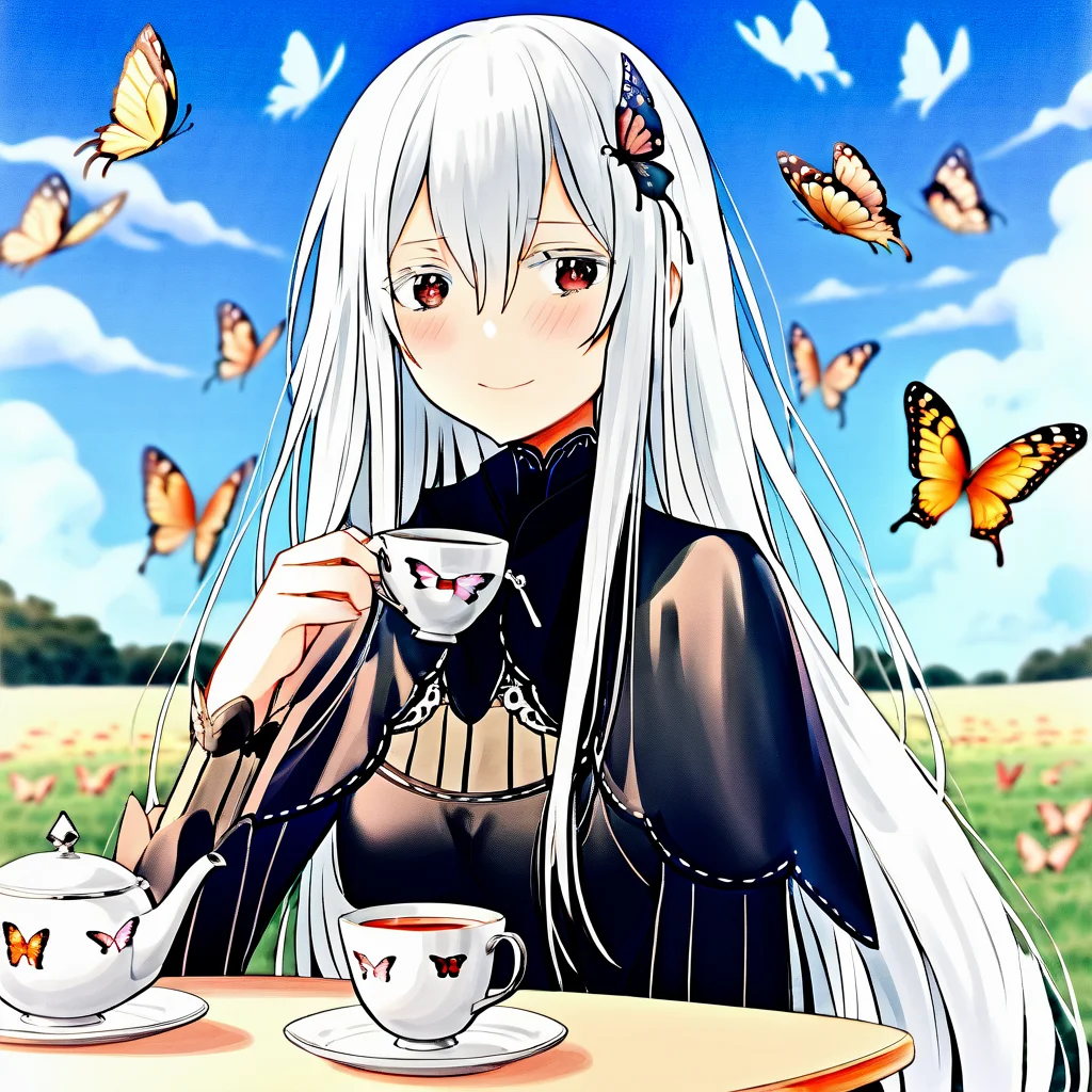 echidna, 1girl, sitting, drinking tea, looking at camera, long white hair, sky in background, blushing, surrounded by butterflies <lora:echidna:1>