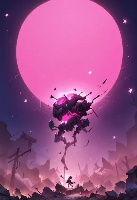 score_9, score_8_up, score_7_up, (((night time, pink lighting)), (dark airfield), giant mech, glowing eyes, (standing), (rubble, falling stars), (depth of field)