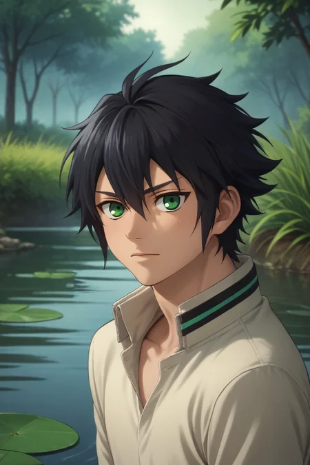 score_9, score_8_up, score_7_up, source_anime, , (photorealistic:0.6), looking at viewer, upper body, , 1boy, solo, male focus, <lora:yuuichirou_hyakuya_pony:0.84>, yuuichirou_hyakuya, black hair, green eyes, short hair, hair between eyes, , pond, Hands on the back of the neck, indicating frustration or stress, <lora:sdxl_lightning_8step_lora:1>