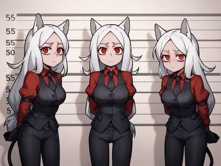 score_9, score_8_up, score_7_up, score_6_up, score_5_up, score_4_up, BREAK, source_cartoon, source_anime, 3girls, cerberus \(helltaker\), white hair, long hair, red eyes, dog ears, red shirt, arm garter, black gloves, black necktie, black pants, black vest, mugshot, sad, looking at viewer, standing, arms behind back <lora:CerberusXL:1>