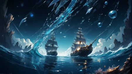 Shining Ocean in Space Fragments along the Chrono-Sorcerers in the style of Tite Kubo
