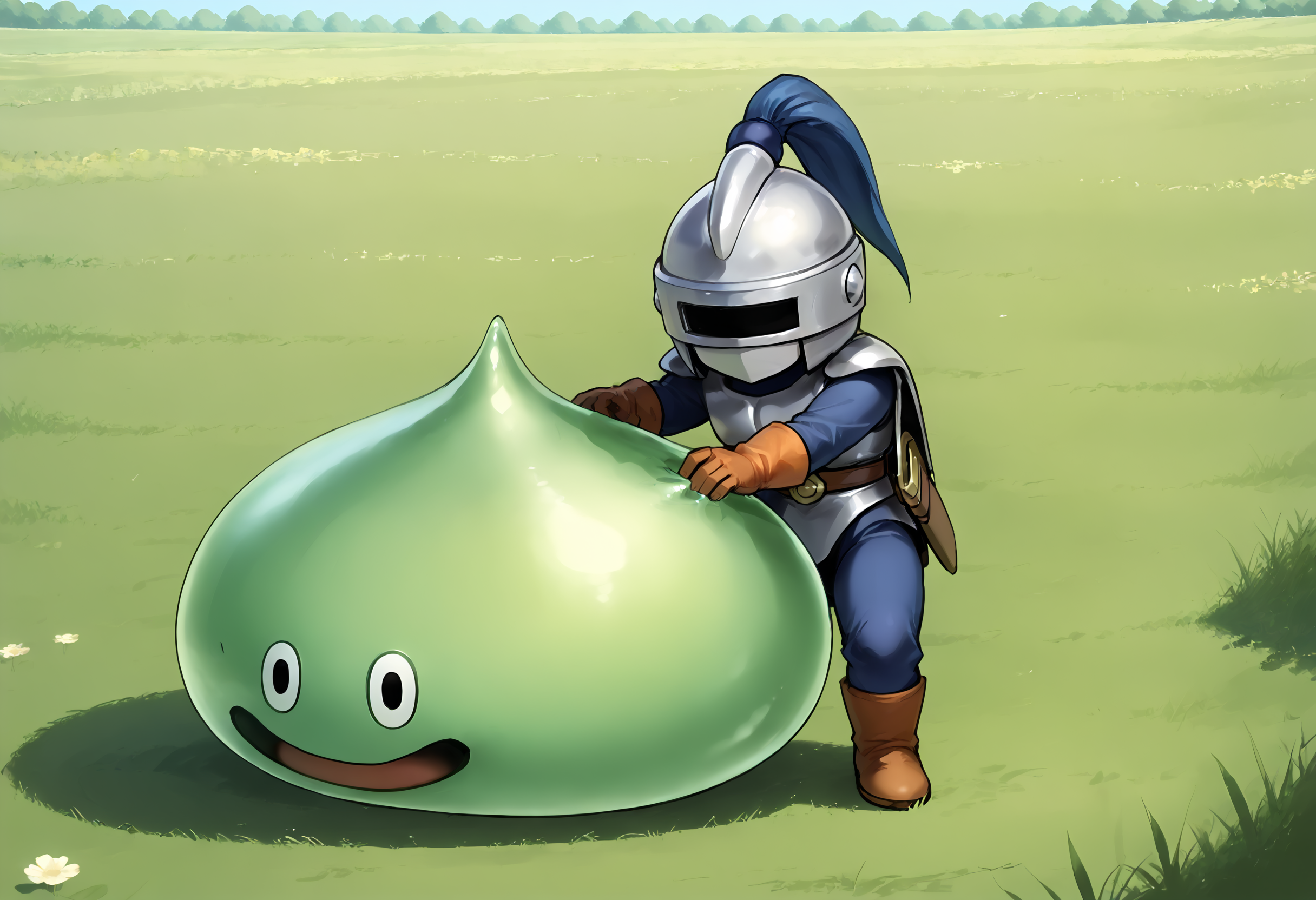 score_9,score_8_up,score_7_up,best quality,masterpiece,super detailed,full_body,zPDXL BREAK nature,field,2others,
<lora:Pony_DetailV2.0:1> BREAK slime knight,slime_(dragon_quest),armor,helmet,knight,<lora:slime knight-v3-pony:0.7>,^o^,looking_each_other,