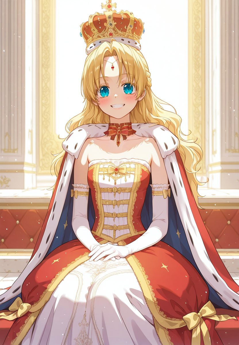 zPDXL3, score_9_up, score_8_up, score_7_up, ,Masterpiece,(perfect female body:1.2), small waist, (incredibly detailed:1.4), beautiful fingers, (small breasts)  <lora:Athanasia_-_Who_Made_Me_a_Princess-Kaleid_Illustrious:1> athanasia, 1girl, blue eyes, blonde hair, long hair, yellow eyelashes, parted bangs, forehead jewel, dress, crown, cape,elbow gloves, sitting, big smile, teeth, blush