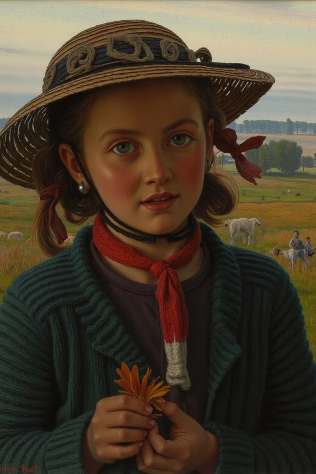 williamhhunt1 painting.
A young girl standing outdoors in a pastoral setting. She has auburn hair tied back with a ribbon and wears a worn dark green knitted coat with a textured ribbed pattern.
<lora:williamhhunt1_cap_d6a3e9:1.0><lora:838058723730551217:0>