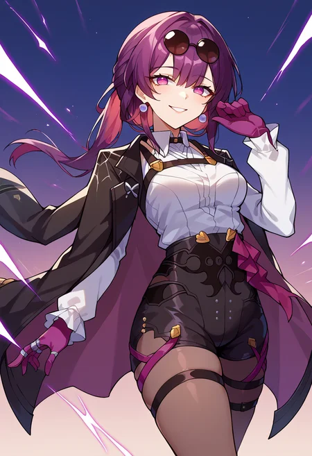 score_9, score_7_up, source_anime, solo, come hither, smile, cowboy shot, BREAK <lora:sphsrKafkaXLPony:1> kafkerdef, earrings, eyewear on head, sunglasses, white shirt, black jacket, long sleeves, purple gloves, shorts, pantyhose, thigh strap, black footwear