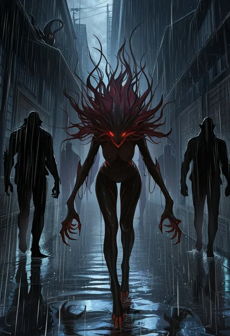 MASTERPIECE, AMAZING QUALITY, 3NDL3SS, SILHOUETTE, MONSTER MOB, GLOWING EYES, RED EYES, RAIN, TORCHES,