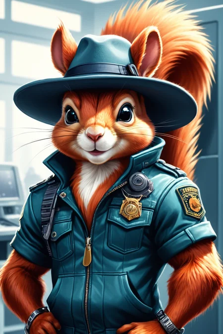 Detailed digital illustration of an anthro Squirrel (Holding a hat stylishly) at a Megacorporation research facility with high-tech security, <lora:xl_more_art-full_v1:0.5>, <lora:anthro_muscular:0.7> , <lora:madpunk:0.4> madpunk