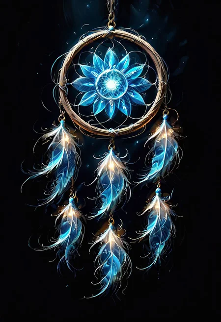a (dream catcher glowing with a mystical light) hangs on the wall in the blue room, the room is covered in darkness at night, graphic style of novel comics, perfect hands, 2d, 8k, hyperrealism, masterpiece, high resolution, best quality, ultra-detailed, super realistic, Hyperrealistic art, high-quality, ultra high res, highest detailed, lot of details, Extremely high-resolution details, incredibly lifelike, colourful, soft cinematic light,