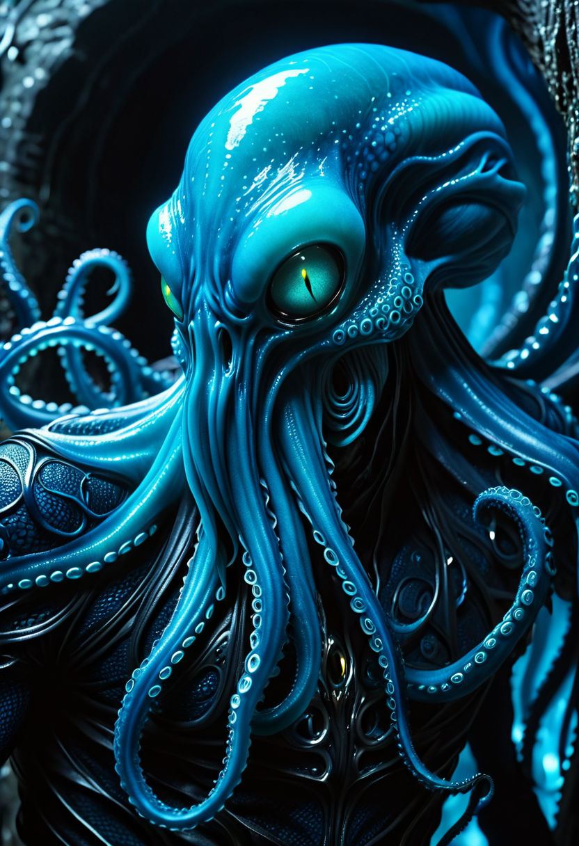 dark fantasy gothic, close-up shot emphasizing tentacled face, deep blue bioluminescent glow, head tilted unnaturally, sensing thoughts, dark labyrinthine tunnels, tentacled face, dark, leathery skin, elongated cranium, slender, alien physique, four long tentacles extending from mouth fantasy_random_lora, realistic, uhd, 8k, masterpiece, intricately detailed, cinematic, best quality, absurd resolution, fantasy art, fantasy race concept, artfully_mindflayer,  <lora:artfully_MINDFLAYER_SDXL:0.8>