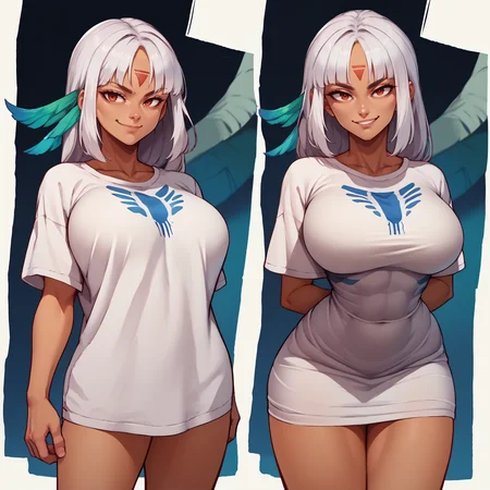 score_9, score_8_up, score_7_up, PajChall, multiple views, t-shirt, <lora:PajamasChallenge_pdxl_Incrs_v1:1>, arms behind back, cowboy shot, <lora:azurlane_massachusetts_ponyXL:0.9> almassdef, dark skin, forehead mark, body markings, white hair, feather hair ornament, smirk, large breasts,