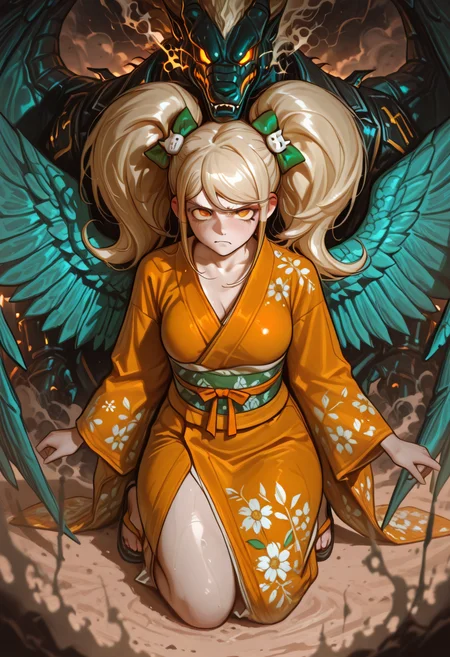 unholy-aesthetic, masterpiece,best quality,amazing quality,very aesthetic,absurdres,ultra detailed face,ultra detailed eyes,   <lora:lerapi_ill:1>, <lora:MoriiMee_Gothic_Niji_Style_Illustrious_r1:1>, lerapi, artist:moriimee ,  (soft_shading_anime) , annoyed expression , danganronpa_(series), danganronpa_2:_goodbye_despair, saionji_hiyoko, 1girl, blonde_hair, bow, cat_hair_ornament, collarbone, floral_print, green_bow, hair_bow, hair_ornament, japanese_clothes, kimono, long_hair, long_sleeves, orange_eyes, orange_kimono, sandals, shoes, twintails, wide_sleeves, zouri , Hiyoko Saionji is enacting a kneeling . This takes place within a person encounters a captivating vibrant mythical dragon taking off, desert sand/dust getting pushed around by wings, surrounded by smoke, ethereal, smoky backdrop. throwing a translucent orange/tanslucent blue/orange, atmospheric haze, shallow depth of field, highly detailed, high budget, cinemascope, moody, epic, OverallDetail, gorgeous, eye catchlights, atmospheric lighting, imperfections, natural, shallow dof