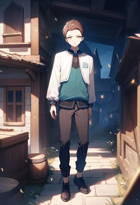 (best quality, masterpiece), 1 boy,18 years old, medieval village, dark mood, Arrogant,
brown hair, short hair, no bangs, white color student uniform, full body,
, looking at viewer, Unobtrusive golden eyes, Dull golden eyes,