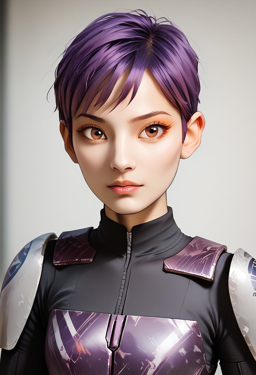 score_9, score_8_up, score_7_up, score_6_up,
1 girl , big eyes, 1 gorgeous girl) asian girl
purple hair, Brown eyes, Morena Skin, short hair, dark purple hair, almond-shaped Asian eyes, square-shaped face, light brown skin color, brown skin (short asymmetrical haircut, dyed in dark purple), boy short hair cut, (buzz-cut, tomboy-cut)
Futuristic female Mandalorian warrior with East Asian features, short purple hair (purple), 
wearing a sleek Mandalorian armor with graffiti-style paint patterns in purple, orange, and gray. 
She has a confident, rebellious expression, detailed armor with a phoenix symbol on the shoulder plate, leather gloves, utility belt, blaster holsters. 
Futuristic sci-fi background, cinematic lighting, high detail
portrait picture