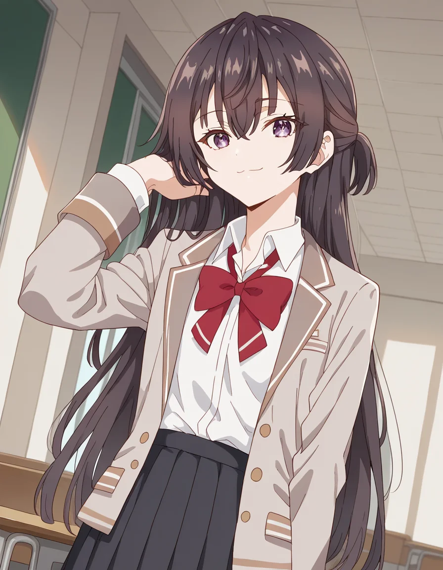 score_9, score_8_up, score_7_up, source_anime, <lora:yuki-suou-alpha-ponyxl-lora-nochekaiser:1>, yuki suou, long hair, bangs, brown hair, black hair, hair between eyes, purple eyes, half updo,, shirt, bow, school uniform, jacket, white shirt, collared shirt, bowtie, red bow, blazer, red bowtie, black skirt, pleated skirt,, indoors, smile, looking at viewer, solo,, cowboy shot, dutch angle